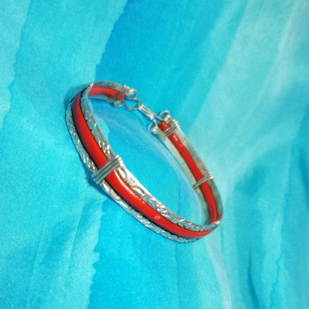 Sterling silver and leather bangle bracelet